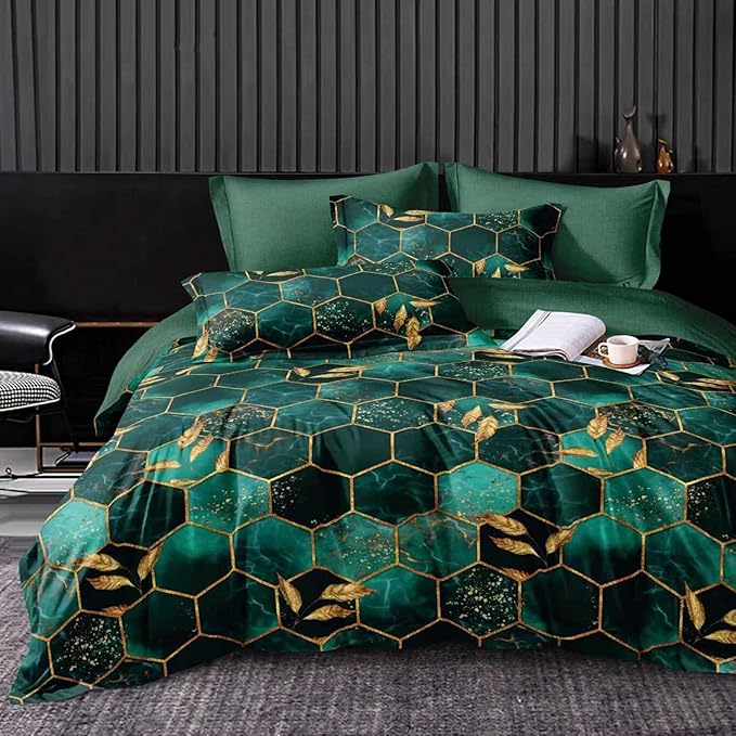 Nanko Emerald Dark Green Gold Printed Queen Size Comforter Set 3 Pcs by NANKO