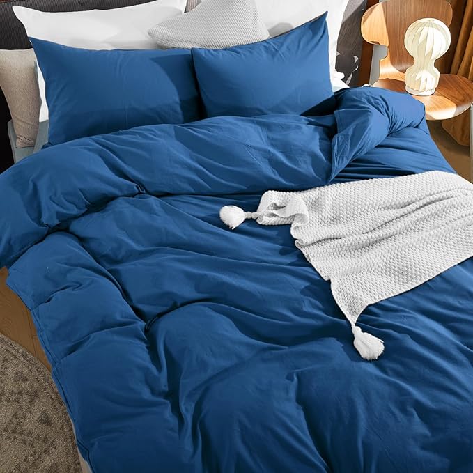 NEXHOME PRO Duvet Cover Set Queen Size Linen Feel Textured Navy Organic Natural - Image 7