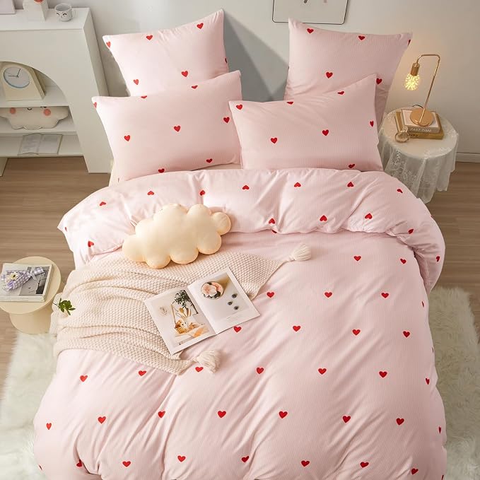 Nayoroom Heart Duvet Cover Queen Size Cute Pink Striped Printed Bedding Set - Image 5