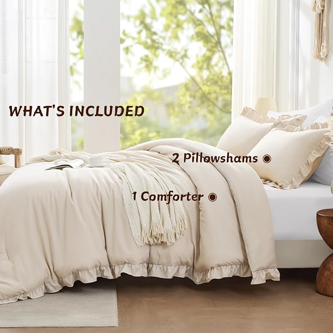 FUANNA Full Size Comforter Sets Beige, 3 Pieces Ruffle Full Size Bedding Sets - Image 5