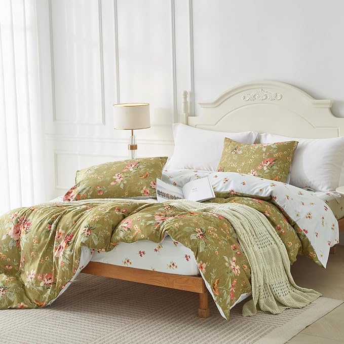 mixinni Duvet Cover Queen Size, Long Staple Cotton Reversible Green Floral - Image 8