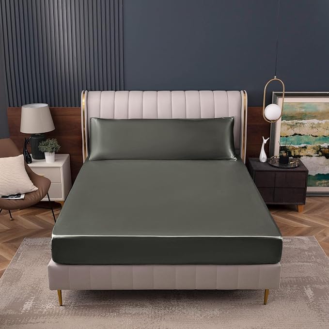 Homiest Dark Grey Satin Fitted Sheet Full Size, Deep Pocket, Luxury & Ultra - Image 2