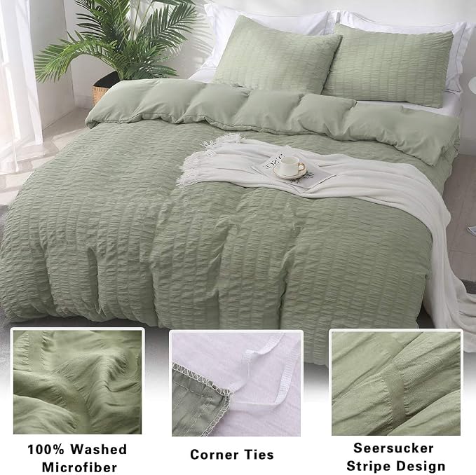 AveLom Green Duvet Cover King, 3 Pieces, Seersucker Tripe Soft Washed - Image 2