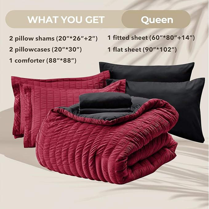 HYMOKEGE Red & Black Queen Comforter Set Seersucker 7 Pieces, All Season Luxury - Image 6