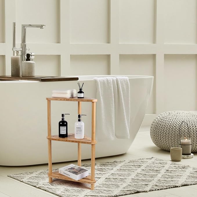 Bamboo Corner Shower Caddy Stand 3-Tier Waterproof, Free Standing Bathroom - Image 2