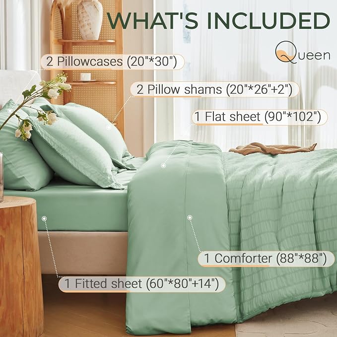 MUXHOMO 7 Pieces Queen Comforter Set, Seersucker Bed in a Bag Queen Size - Image 4