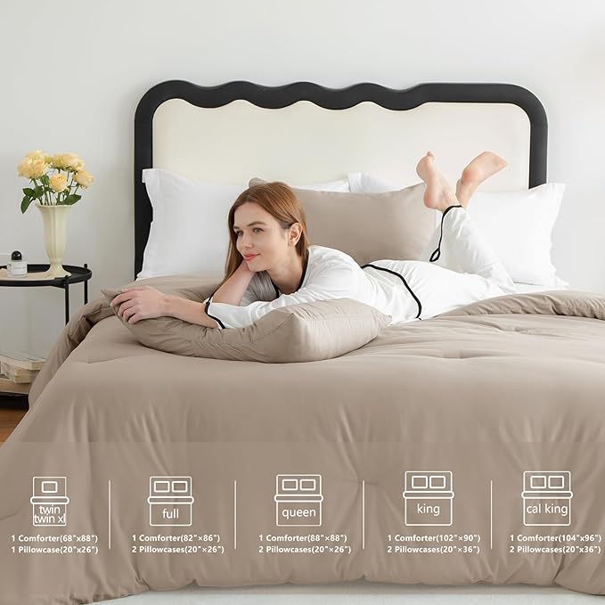 CozyLux King Size Comforter Set Khaki, 3 Pieces Solid Comforters King Size - Image 6