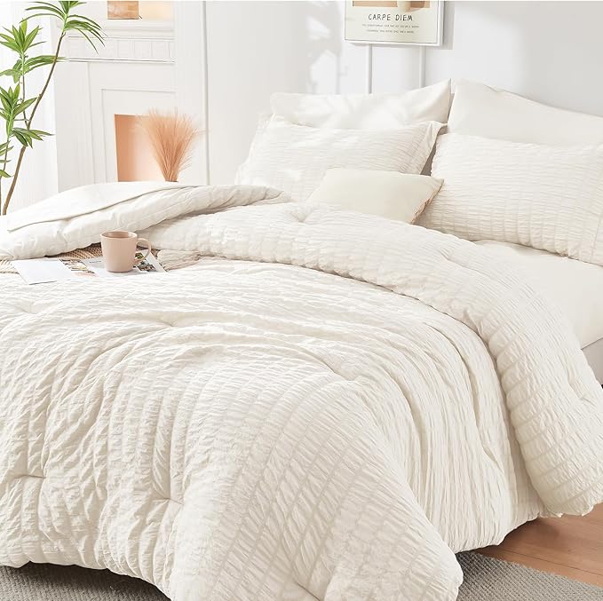 HYMOKEGE Ivory Oversized King Comforter Set Seersucker 7 Pieces, All Season by HYMOKEGE