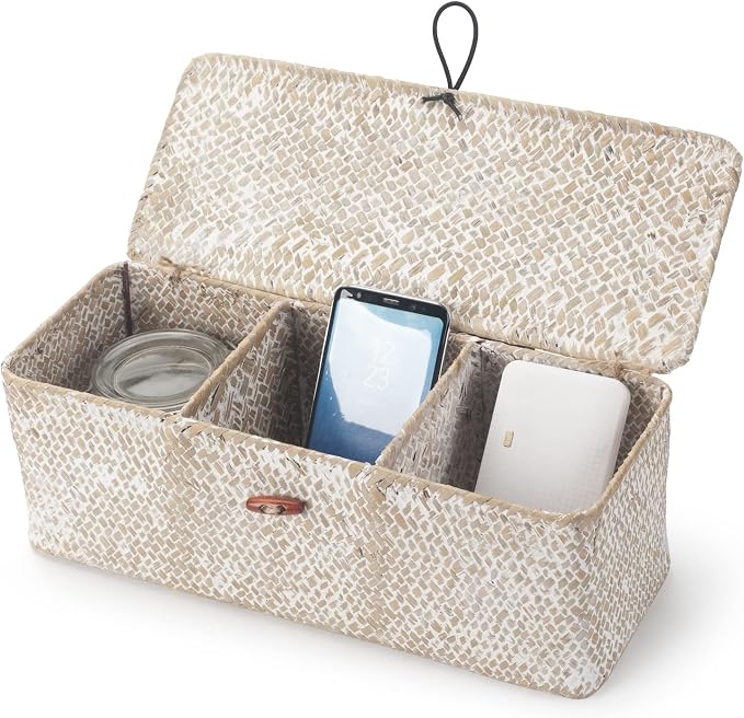 Seagrass Storage Basket with Lid Rectangular Small Woven Shelf Baskets with - Image 3