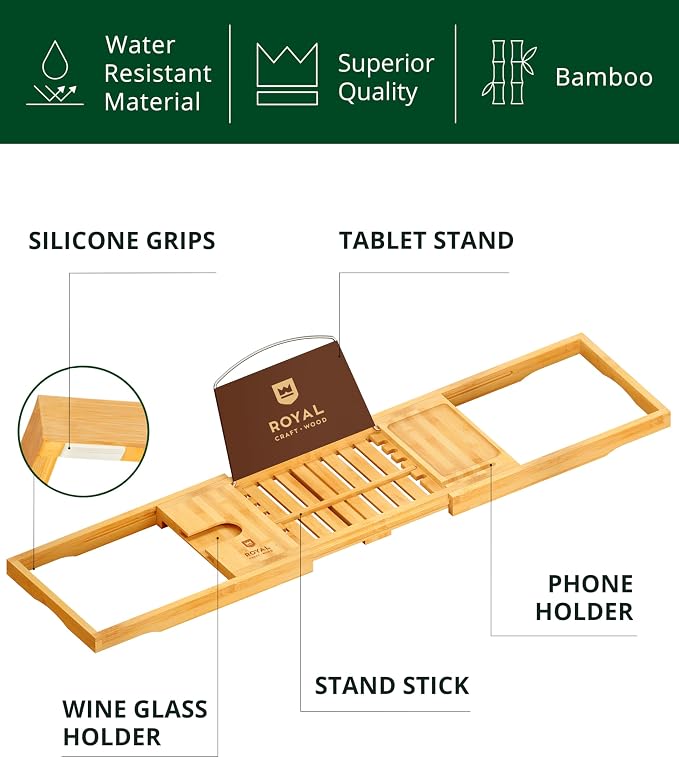 ROYAL CRAFT WOOD Premium Foldable Bathtub Tray Caddy - Image 3
