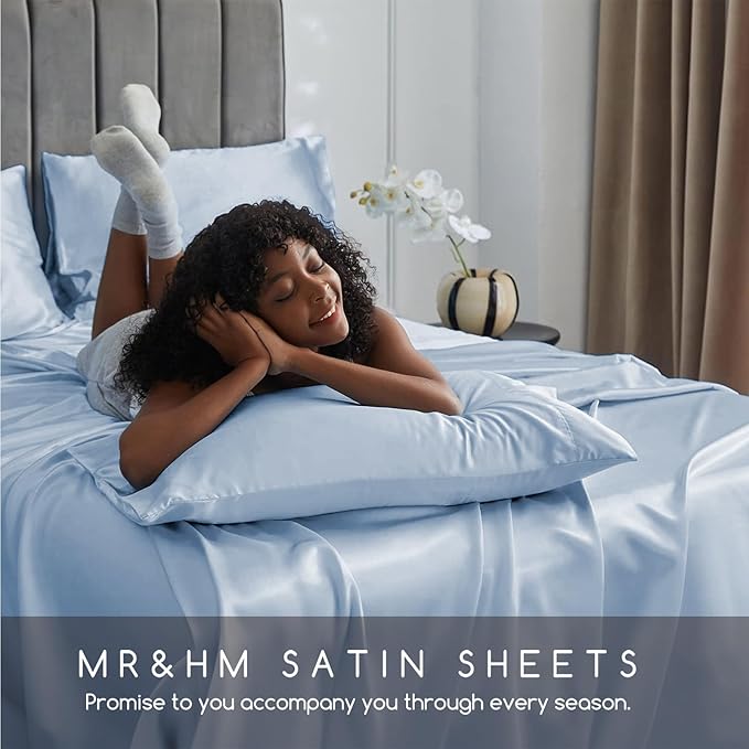 MR&HM Satin Bed Sheets with Elastic Corner Straps, Queen Size Sheets Set - Image 6