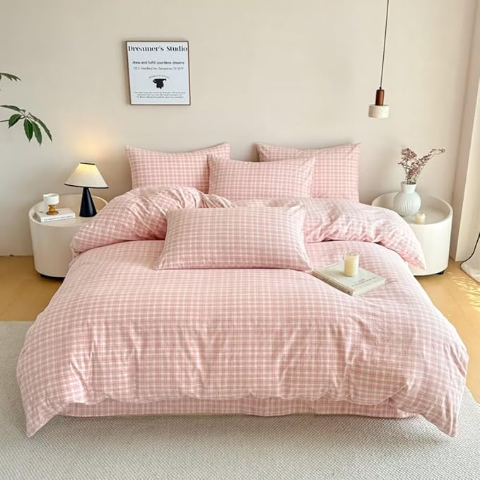 PinkMemory Pink Plaid Duvet Cover Set King 100% Washed Cotton Cute Pink Checked - Image 2
