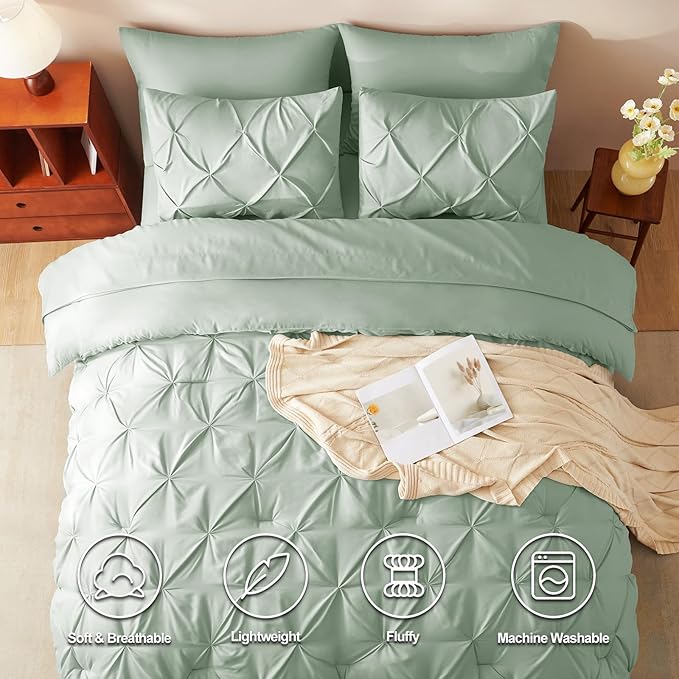 HIMEET Pintuck Bed in a Bag, 7 Pieces Queen Size Comforter Set Sage Green - Image 2