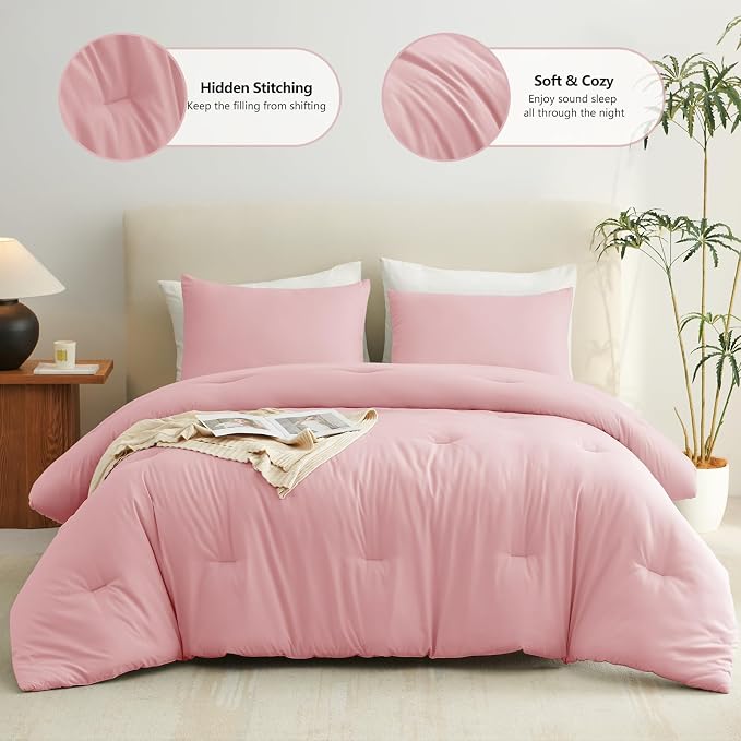 CozyLux King Size Comforter Set Pink, 3 Pieces Solid Comforters King Size - Image 2