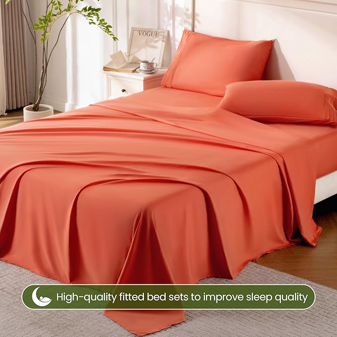 ROSE&RISY Orange Red King Sheet Set, 4 Pieces Soft Bedding King Sheet Set - Image 5