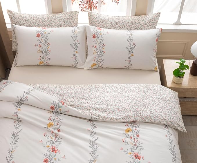 SLEEPBELLA Duvet Cover Set, 600 Thread Count Cotton Red & Yellow Floral Pattern - Image 4