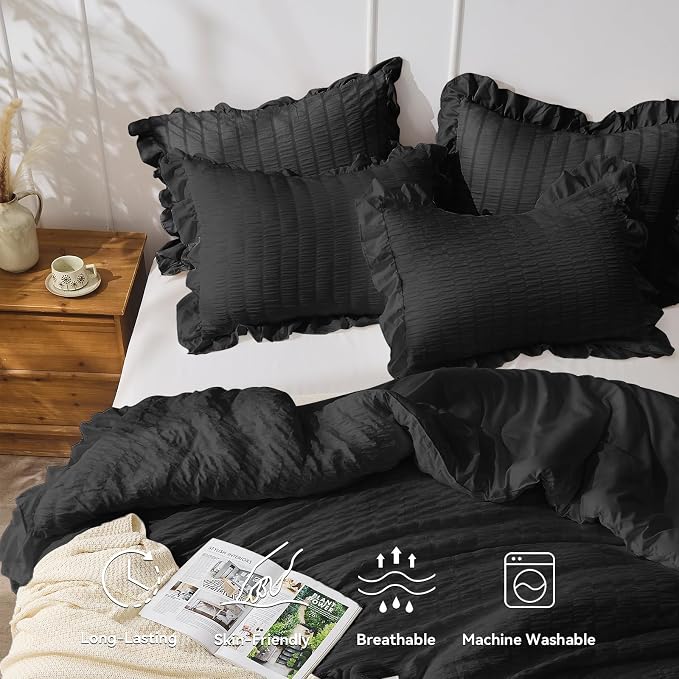 JOLLYVOGUE Black Comforter Full Size, 3 Pieces Seersucker Lightweight Full Size - Image 3