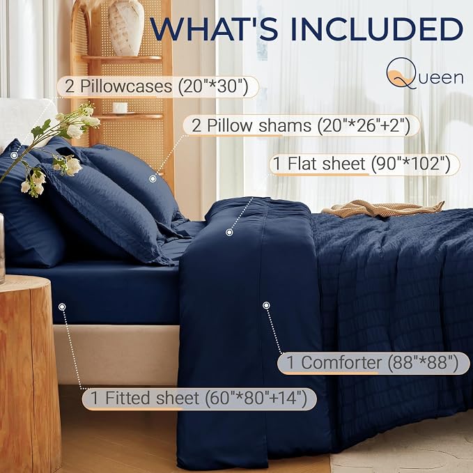 MUXHOMO 7 Pieces Queen Comforter Set, Seersucker Bed in a Bag Queen Size - Image 4