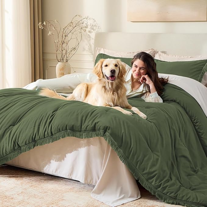 Andency Olive Green Comforter Set Full Size, 3 Pieces Boho Tassel Lightweight - Image 3