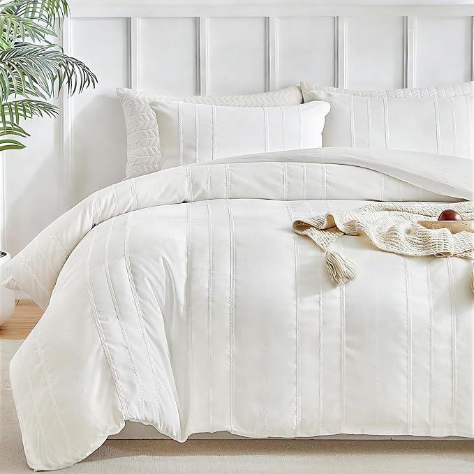 WARMDERN White Striped Weave Duvet Cover King, Boho Striped Pattern Printed by WARMDERN