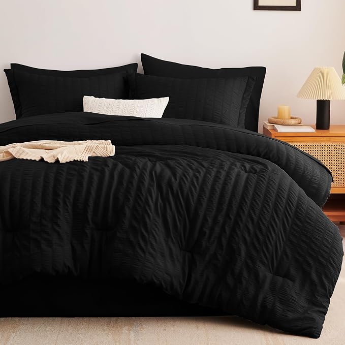 CozyLux King Size Comforter Set Black Seersucker 7 Pieces Bed in a Bag King - Image 9