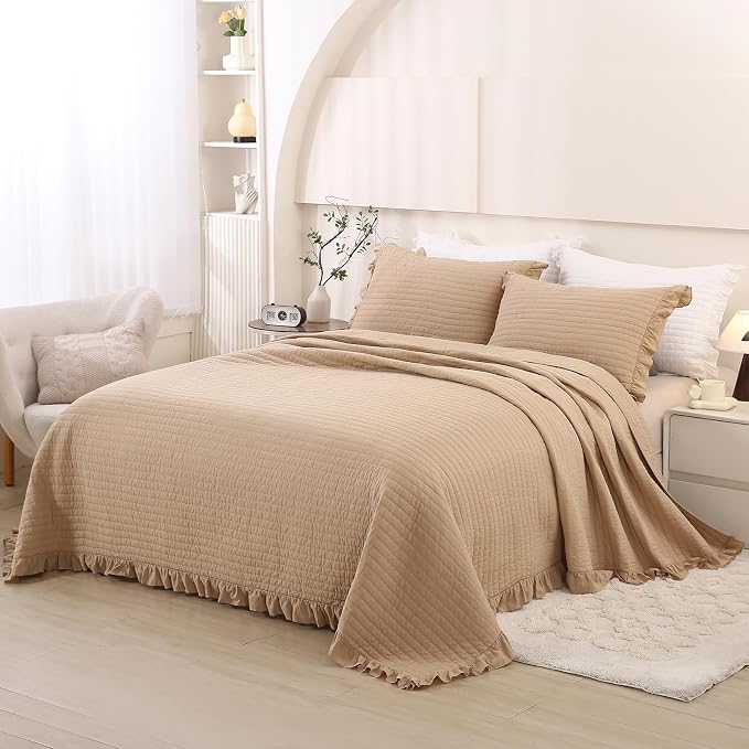 ROOMLIFE Quilt Set Full Size 3D Floral Embroidery Pattern 3-Piece Cotton - Image 4