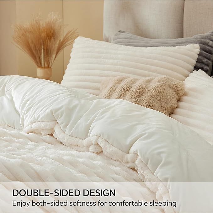 BEDELITE Fleece Queen Comforter Set -Super Soft & Warm Fluffy Cream White - Image 4