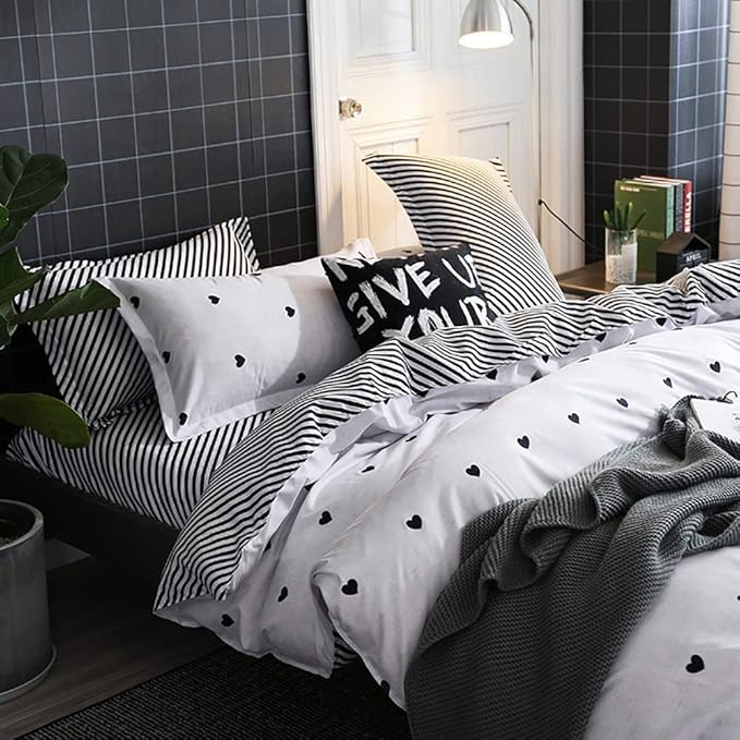 Omelas Kids Heart Love Twin Duvet Cover Set Black and White Teens Girls Lovely - Image 3