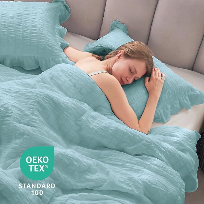 JOLLYVOGUE Light Blue King Size Comforter Set, 3 Pieces Seersucker Comforter - Image 6