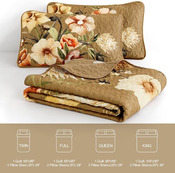Drucon Brown Floral Quilt Set King Size 3 Pieces Brown Botanical Flower Quilt - Image 7