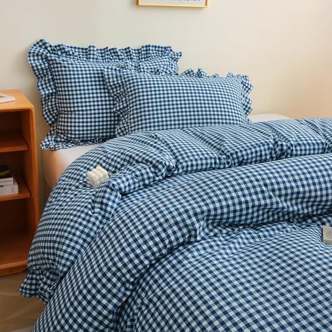 Silnuo Navy Blue/White Plaid Ruffle 3-Piece Duvet Cover Set Queen Size - Image 2