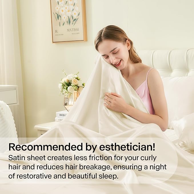 BEDELITE Satin Sheets Twin XL Size Bed Set, Luxury Soft Beige Silky Sheets - Image 4
