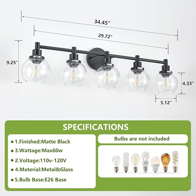 5-Light Bathroom Light Fixture Black Vanity Lights Over Mirror Modern Wall - Image 3
