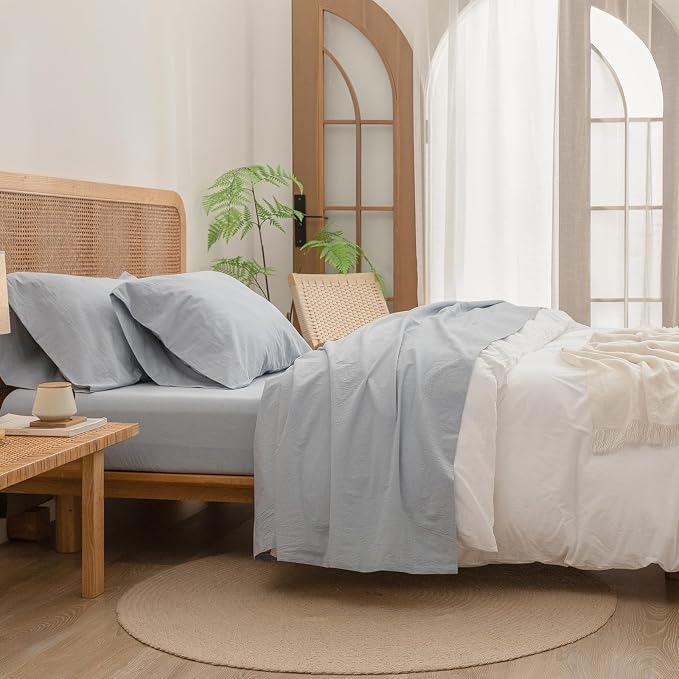 BESTOUCH Flat Sheet Only 100% Washed Cotton Linen Feel Wrinkle-Free, - Image 5