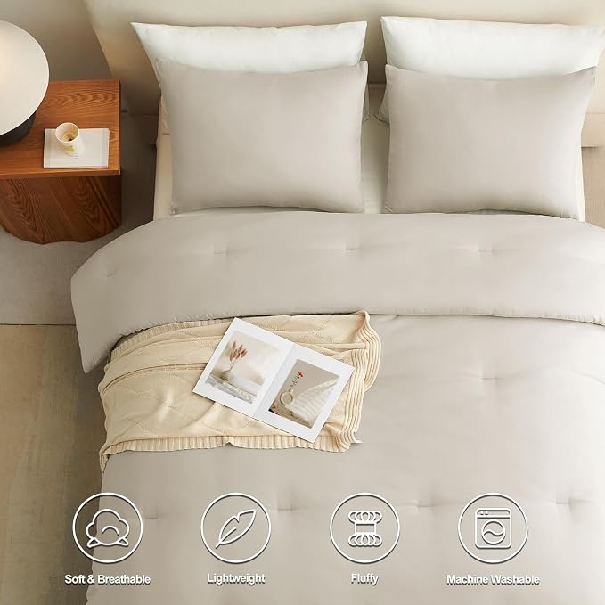 CozyLux King Size Comforter Set Oatmeal, 3 Pieces Solid Comforters King Size - Image 3