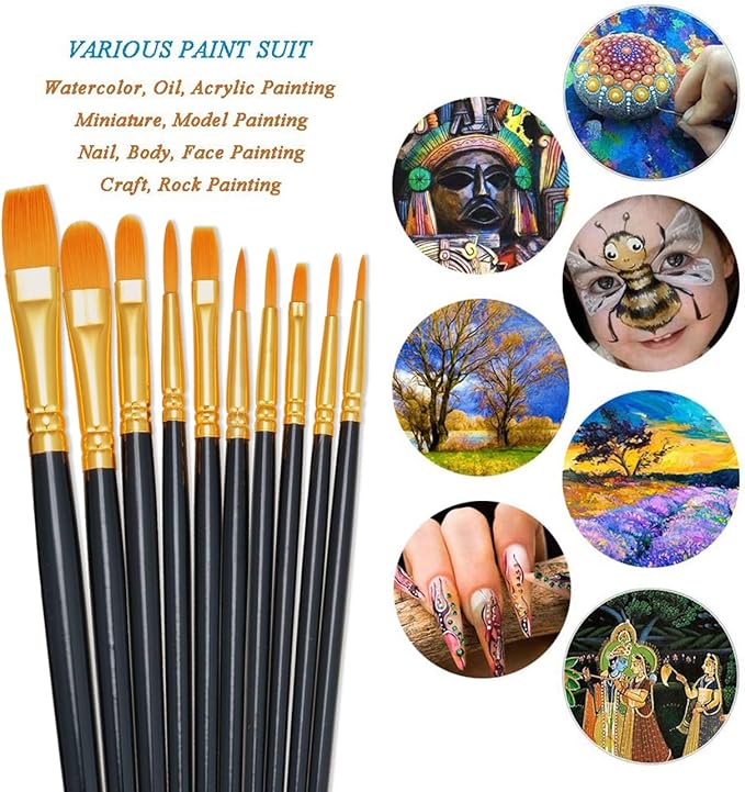 BOSOBO Paint Brushes Set, 10 Pack 100 Pcs Round Pointed Tip Paintbrushes Nylon - Image 3