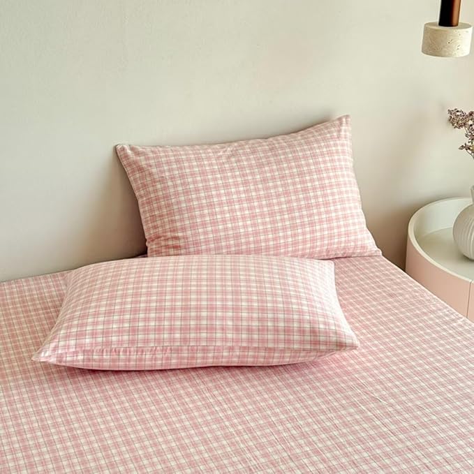 PinkMemory Pink Plaid Duvet Cover Set King 100% Washed Cotton Cute Pink Checked - Image 5