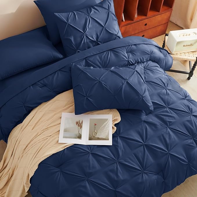 HIMEET Pintuck Bed in a Bag, 7 Pieces Queen Size Comforter Set Navy Blue - Image 4