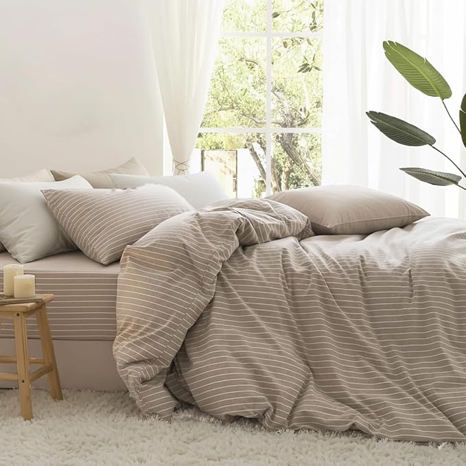 Nayoroom Brown Striped Duvet Cover Queen Size 100% Washed Cotton White - Image 3