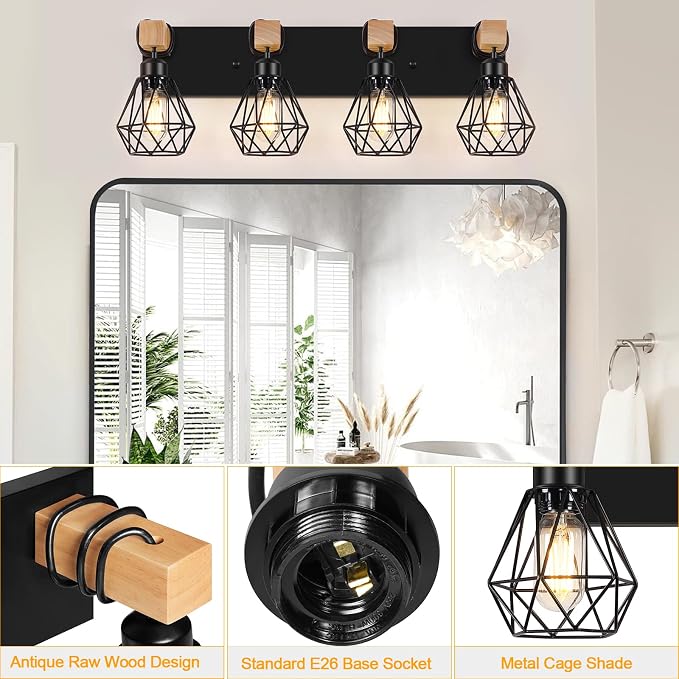FadimiKoo 4-Light Farmhouse Bathroom Light Fixtures Over Mirror, Rustic Wood - Image 3