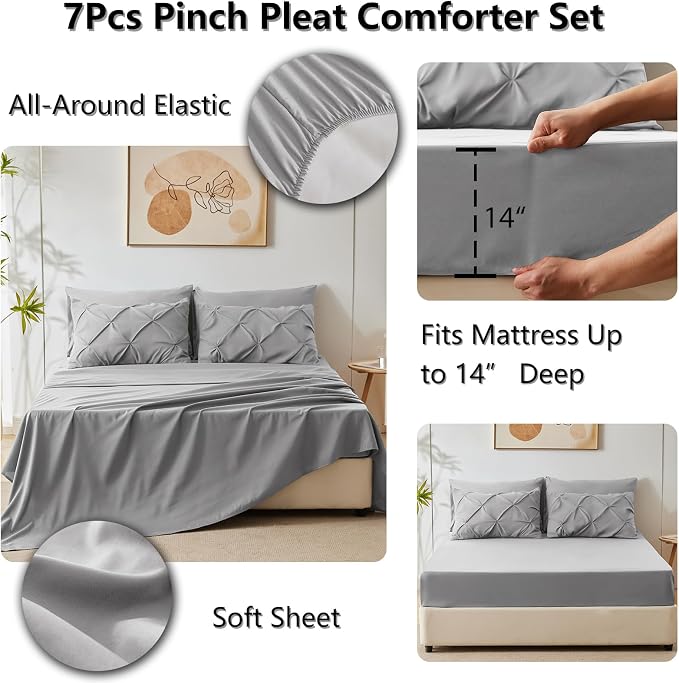 HIMEET Pintuck Bed in a Bag, 7 Pieces Full Size Comforter Set Light Grey - Image 6
