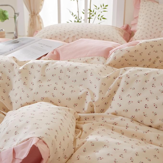 mixinni Pink Floral Duvet Cover Set Full Size – 100% Cotton Ruffle Lace Bedding - Image 8