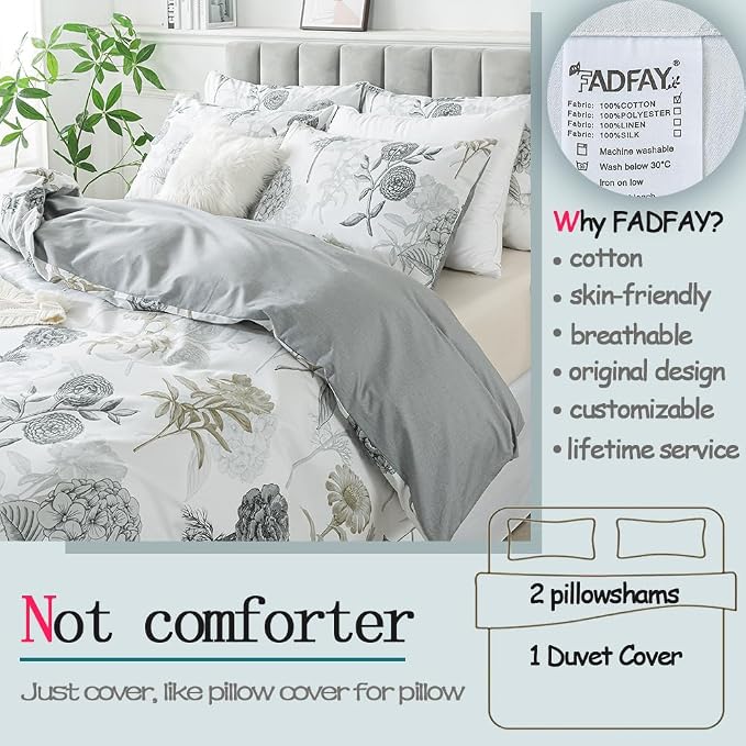 FADFAY Floral Duvet Cover Sets Queen Size 100% Cotton Ink Grey Vintage Flower - Image 2