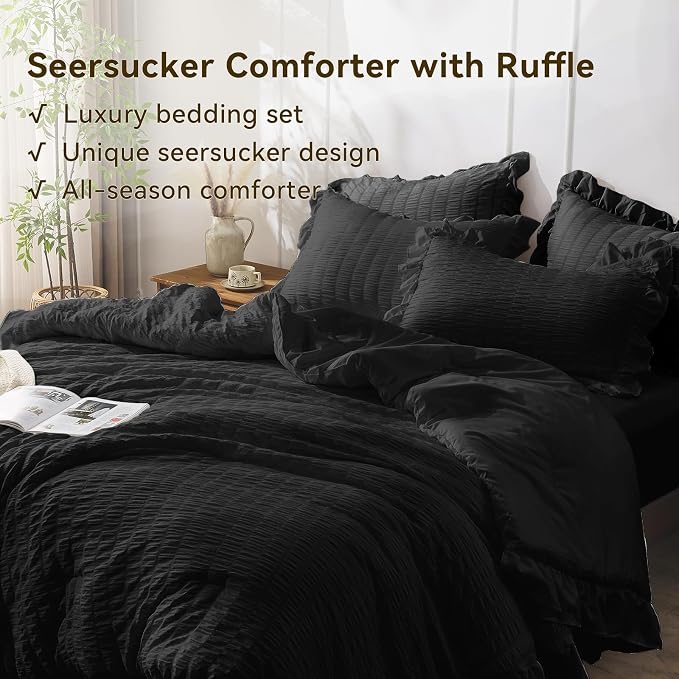 JOLLYVOGUE Black Comforter Full Size, 3 Pieces Seersucker Lightweight Full Size - Image 4