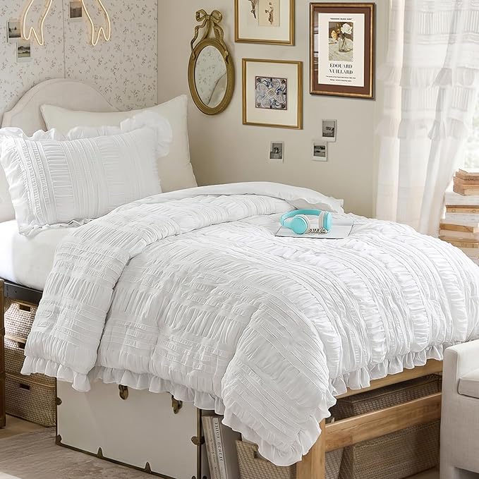 WONGS BEDDING White Comforter Set Twin, 3 Pieces Ruffle Shabby Chic Comforter - Image 2