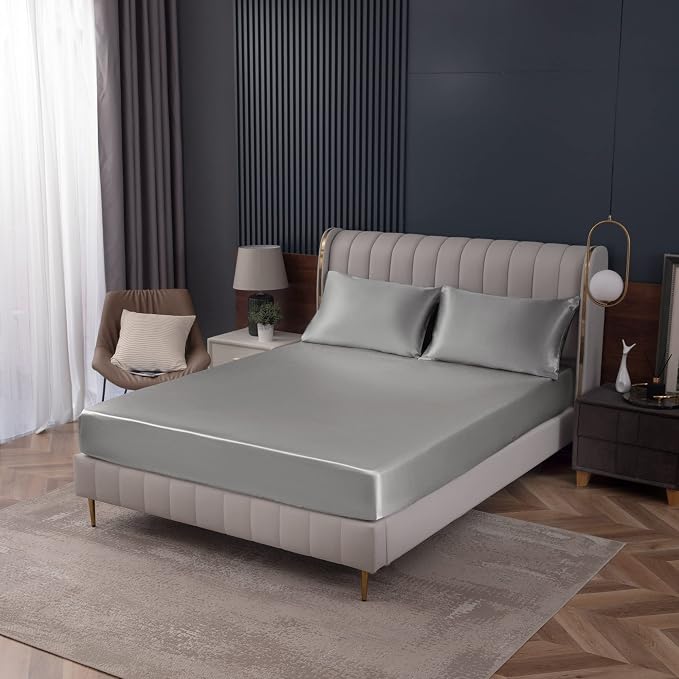 Homiest Light Grey Satin Fitted Sheet King Size, Deep Pocket, Luxury & Ultra - Image 9