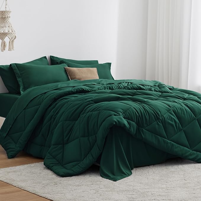 Love's cabin King Size Comforter Set Dark Green, 7 Pieces King Bed in a Bag by Lovescabin