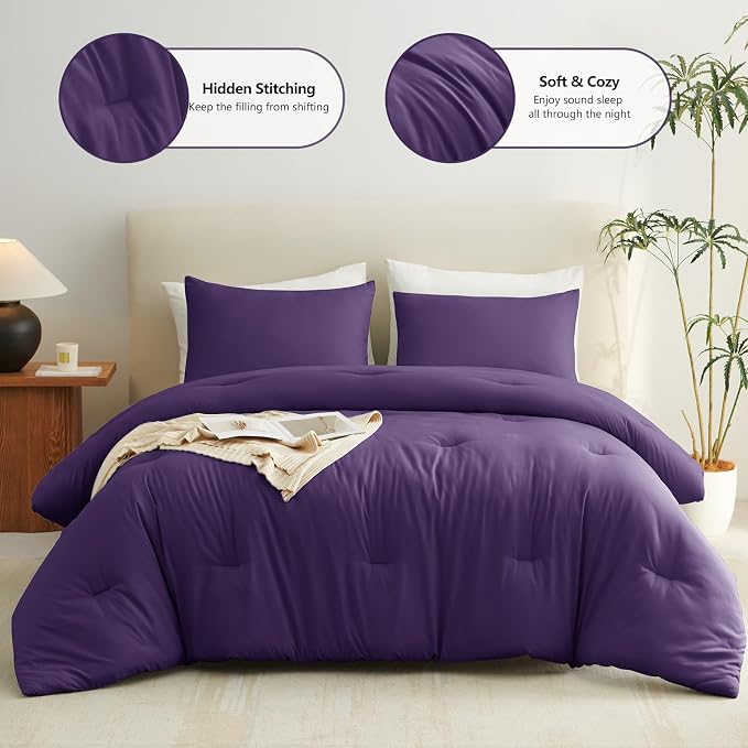 CozyLux King Size Comforter Set Purple, 3 Pieces Solid Comforters King Size - Image 2