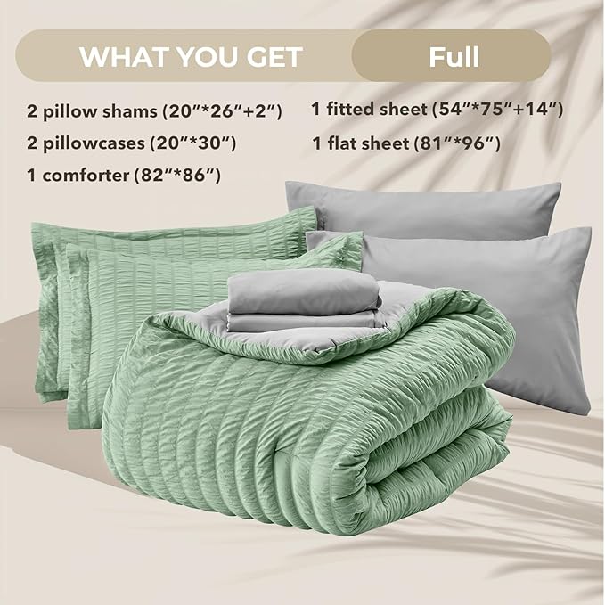 HYMOKEGE Sage Green/Light Grey Full Size Comforter Sets Seersucker 7 Pieces - Image 6