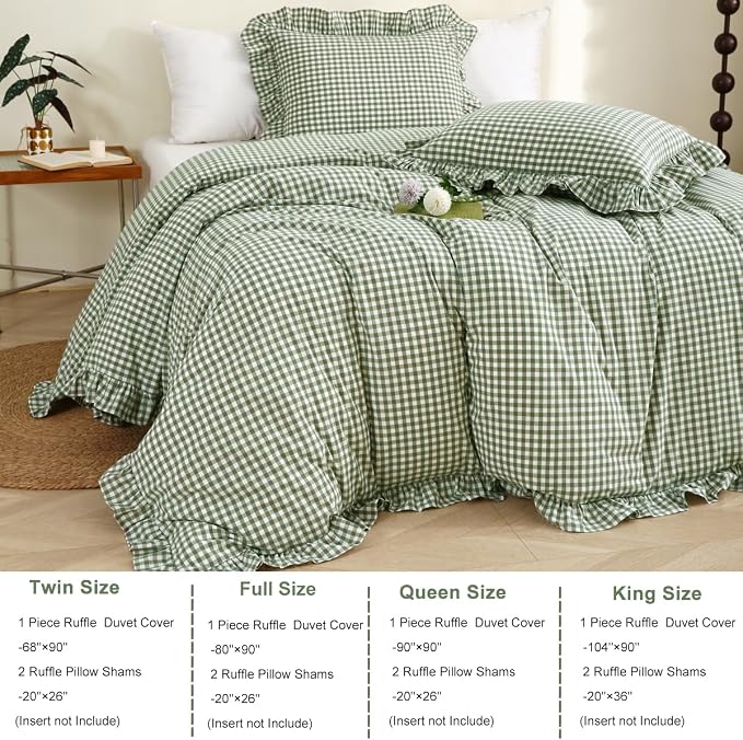 Silnuo Sage Green/White Plaid Ruffle Duvet Cover Queen Size, 100% Washed Cotton - Image 4